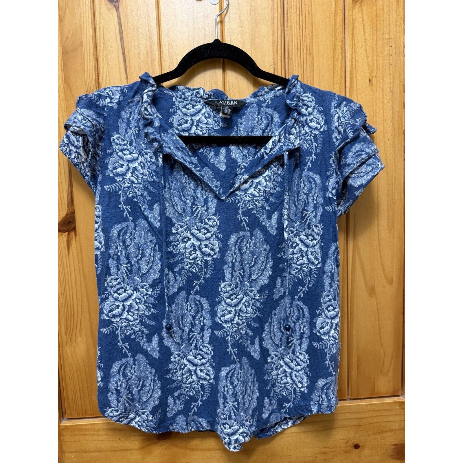 Lauren Ralph Lauren Women's V-Neck Blouse, Blue Flutter-Sleeve, Size S